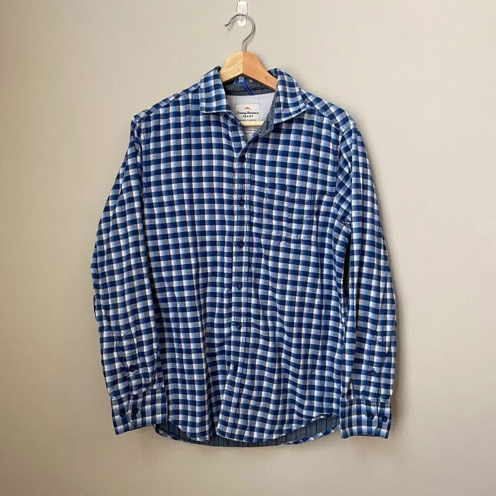 Tommy Bahama Jeans Mens Small Island Modern Fit Plaid Button Up Shirt Blue/White